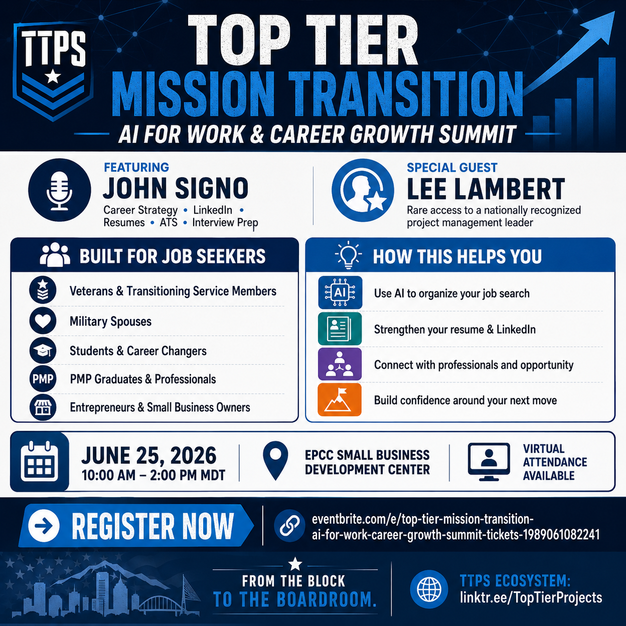 Top Tier Mission Transition AI for Work and Career Growth Summit flyer